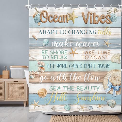Newsely Ocean Vibes Shower Curtain 60Wx72L Inch Blue and Brown Wood Inspiritional Quotes Sea Beach Seashell Starfish Corals Bathroom Set Rustic Plank Waterproof Bath Decoration Accessories Home Decor - color: G-02seashell, size: 60"W x 72"L (Pack of 1)