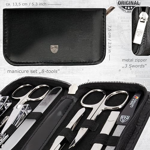 3 Swords Germany - brand quality 8 piece manicure pedicure grooming kit set synthetic leather case black - Made in Germany - color: BLACK