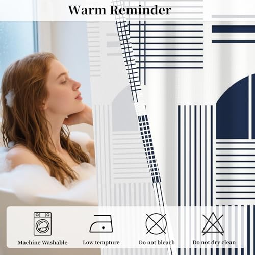 No Hook Geometric Shower Curtain with Snap in Liner, 71x74 Inch | Navy Blue Modern Line Pattern Shower Curtains for Contemporary Bathroom, Mesh Top Window Waterproof Washable Fabric - color: Dark Blue