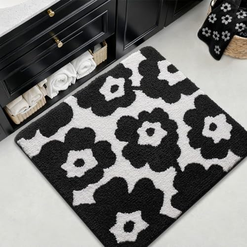 LUMI Floral Bathroom Rugs, Soft Absorbent Square Bath Mat, Non-Slip Quick Dry Luxury Rug, Flower Black White Mats for Shower Floor, Bathtub, Home Decor, Modern Aesthetic, 26"x26" - color: A-flower Black, size: 26"x26"(Square)