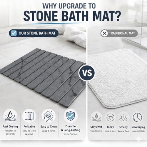 Stone Bath Mat | Foldable Diatomaceous Earth Bath Mat | Marble Print Shower Mat | Super Absorbent Diatomite | Quick Dry | Non-Slip | Bathroom Floor Mat | Easy to Clean | Compact to Store | Mold Free