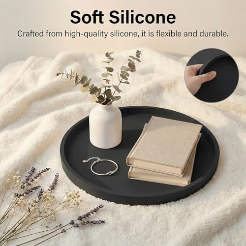 Round Tray Silicone Black, 10.6 Inch Bathroom Tray Countertop Decor, Vanity Trays for Bathroom Organizers, Waterproof Bathroom Tray for Counter, Decorative Coffee Table Tray - color: Black, size: 10.6"