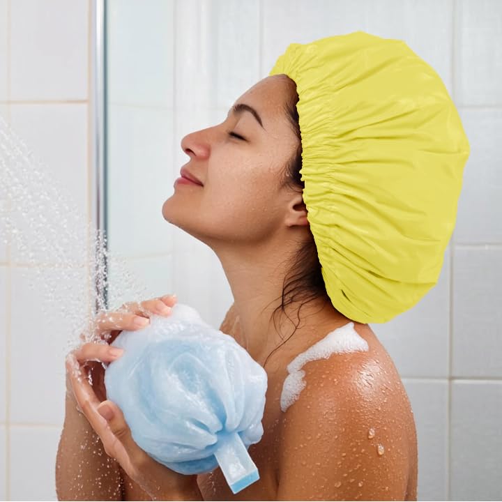 Reusable Shower Cap for Women, Large Waterproof Shower Bonnet Washable Elastic Band Bath Accessories Hair Hat for Long Hair, Braids(Bright Yellow) | Washable Design, Wide Elastic Band, Large Fit, Holds Long Hair, Braids Friendly, Bath Accessories, Spa, Tr