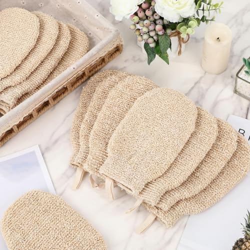 30 Pcs Exfoliating Shower Gloves Stretchable Ramie Bath Mitts with Hanging Loop Body Scrubber Exfoliator Loofah Washcloth Deep Clean Dead Skin for Spa Massage Skin Shower Hotel Use (Beige) - color: Beige