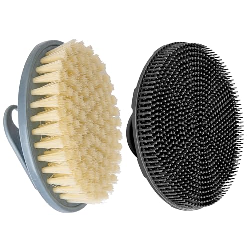 INNERNEED Food-Grade Soft Silicone Body Scrubber Shower Brush Handheld Cleansing Skin Brush, with PP Shower Brush for Exfoliating, Cellulite Treatment - color: (Set)pp Blue+silicone Black