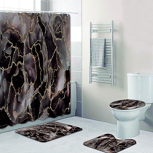 Purple Marble Shower Curtain with Bath Rugs Sets, 4 Pcs Marble Patterns with Gold Lines Bathroom Décor with Toilet Seat Cover Mats Absorbent Pedestal Pads and Waterproof Shower Curtains + Hooks - color: Purple 02