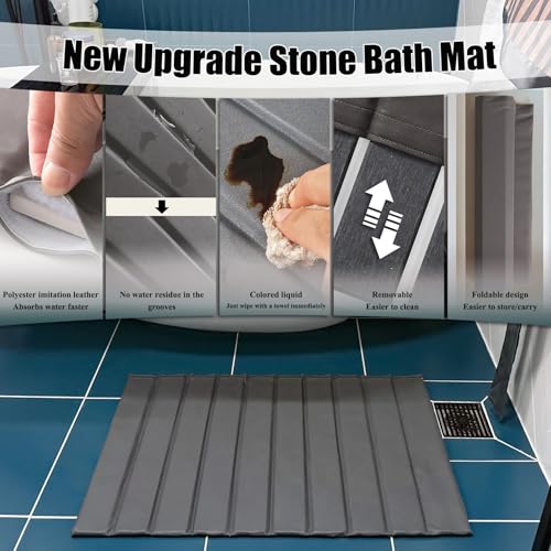 New Stone Bath Mat, 25 X 16 Inch Diatomaceous Earth Bath Mat with Faux Leather Case-Soft Feel, Super Absorbent Stone Bath Mats for Bathroom, Non-Slip Fast Drying Bathroom Mat, Easy Clean