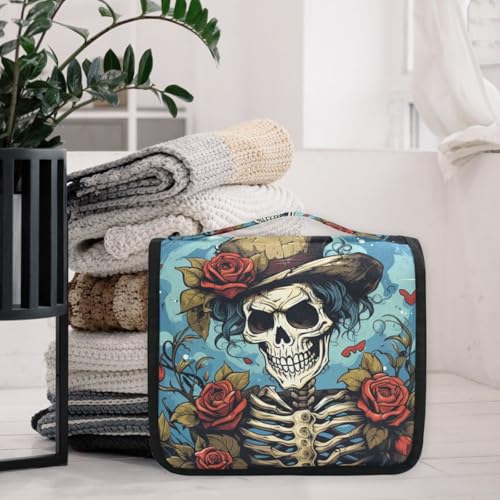 MNSRUU Hanging Toiletry Bag Gothic Skull Rose Travel Makeup bag for Toiletries Portable Travel Toiletry Organizer Cosmetic Bags with Hanging Hook - color: Skull I 4103