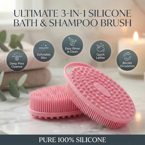 Silicone Body Scrubber Exfoliating 3 Pack, Shower Scrubber for Body,Loofah Alternative for Women Men, 2 in 1 Bath and Shampoo Brush with Handle,Body Exfoliator Tool for Skin, Back,Showering - size: 3Pack-Black Blue Pink