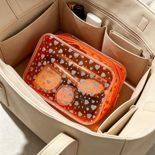 Waterproof Makeup Bag with Silver Stars, Pink Clear Cosmetic Pouch, 7x2.3x4.7 Inches, TSA Approved Travel Toiletry Organizer, 2 Pack (Orange+Heart) - color: Orange+Heart