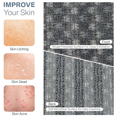 Yiclick Dual-Textured Exfoliating Washcloth Towel - Back Scrubber for Use in Shower Bath, Exfoliating Body Scrubber Exfoliator, Japanese Exfoliate Loofah Lufa Sponge Wash Cloth for Women Men - color: Charcoal