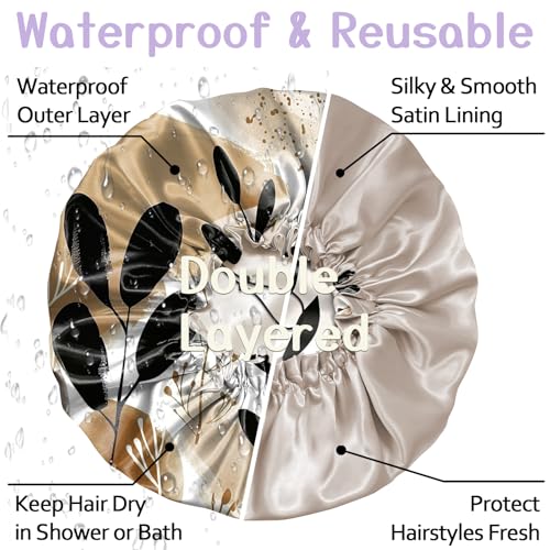 Luxury Shower Cap Silk Satin Lined Waterproof Reusable Adjustable Elastic Dry Hair Bathing Caps Cute for Women Girls-Leaf - color: C-13-Leaf