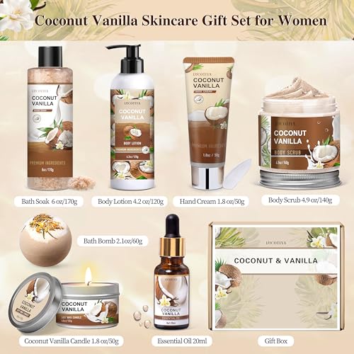 Gifts for Women, Birthday Gifts for Women, Coconut Vanilla Self Care Spa Gift Basket,Thank you Relaxing Bath Sets for Mom, Grandma, Girlfriend, Sister, Friends