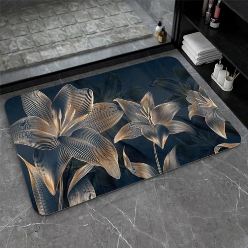 Diatomaceous Earth Bath Mat,Abstract Dark Flowers in Golden line Non-Slip Volume Super Absorbent Fast Drying for Bathroom Kitchen mat,Eco-Friendly Easy to Clean 16×24Inch (40 * 60cm) - color: Abstract Dark Art Flowers in Golden Line, size: 1'4" x 2'0" (Re