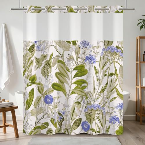 No Hook Botanical Shower Curtain with Snap in Liner,71x74 Inch | Green Tropical Leaf & Blue Floral Shower Curtains for Bathroom, Waterproof Fabric Bath Curtain with Mesh Top Window, - color: Botanical-a