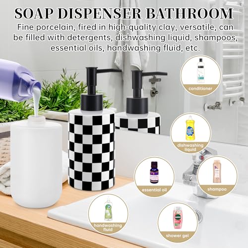 Soap Dispenser with Matte Black Pump, Ceramic Soap Dispenser Bathroom, Checkerboard Dish Soap Lotion Dispenser for Kitchen Sink, Black & White Plaid Refillable Liquid Hand Soap Bottle - color: Black & White