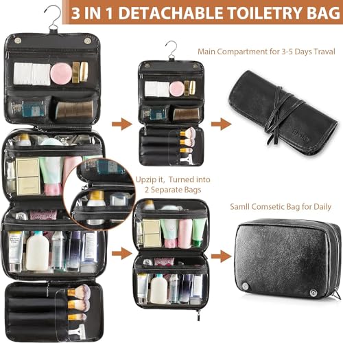 Elviros Hanging Toiletry Bag Removable Travel Bag PU leather Makeup Cosmetic Organizer Kit, Black | Removable Travel Organizer Bag for Cosmetics, Toiletries, Makeup Tools, and Daily Essentials with Easy Carry Design - color: Black, size: 1 Pack