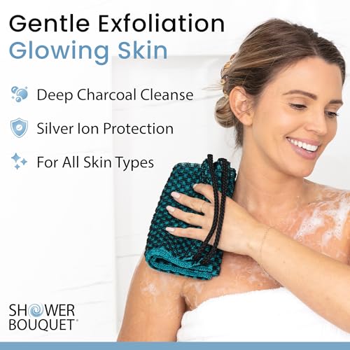 Japanese Exfoliating Washcloth for Back & Body - Charcoal & Silver Ion Exfoliating Towel with Handles - Two-Sided Gentle Exfoliation & Deep Cleansing Soft Body Wash Cloths for Shower - Green - color: Charcoal Green, size: 1 Count (Pack of 1)