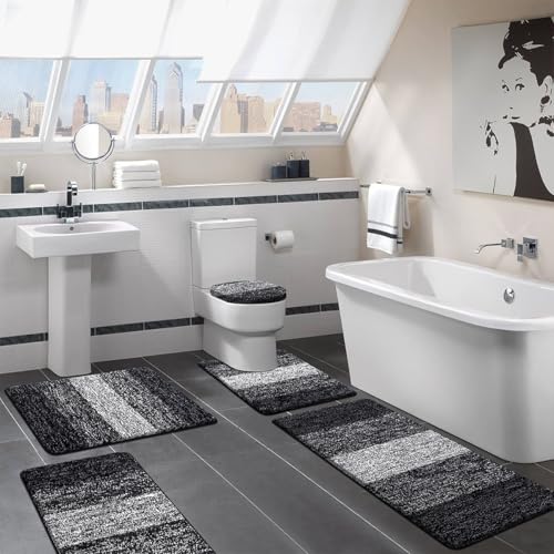 Bsmathom Bathroom Rugs Sets 5 Piece, Soft Absorbent Microfiber Bath Rugs with U-Shaped Contour Toilet Rug and Toilet Lid Cover, Thick Non-Slip Plush Shaggy Bath Mat Set,Black - color: Black, size: 18"x26"+20"x31"+20"x48"+U20"x24"+Cover19"x21"