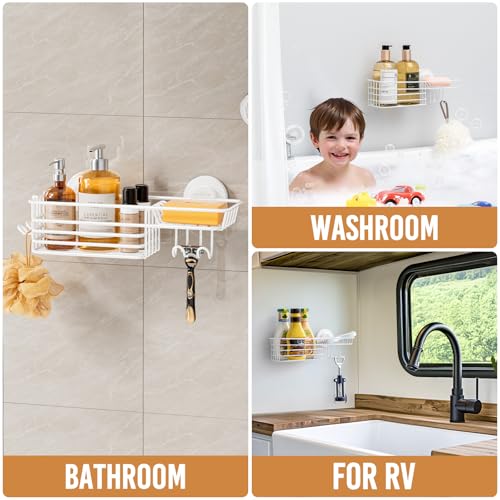 LEVERLOC Shower Caddy Suction Cup, Heavy Duty Bathroom Organizer | Shower Organizer for Inside Shower with Hooks & Soap holder, NO-Drilling Bathroom shelves-White - color: 1 × White