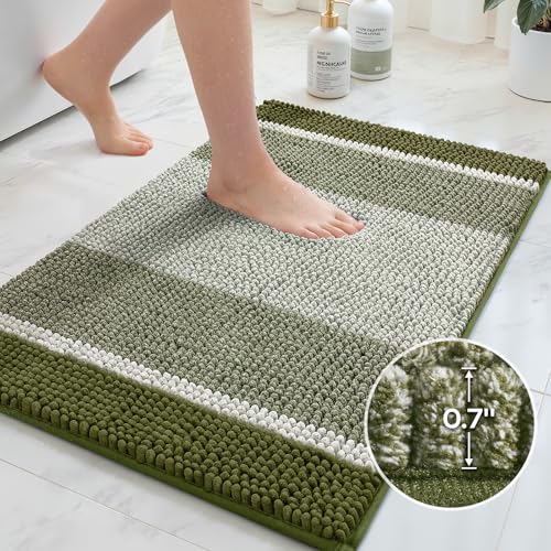 HOMEIDEAS Sage Green Bathroom Rugs, 2 Piece Thick Absorbent Fluffy Striped Chenille Bath Rugs Set, Non Slip, Soft Shaggy Bath Mats for Green Bathroom Decor, 20" x 32" Plus 17" x 24" - color: Sage Green