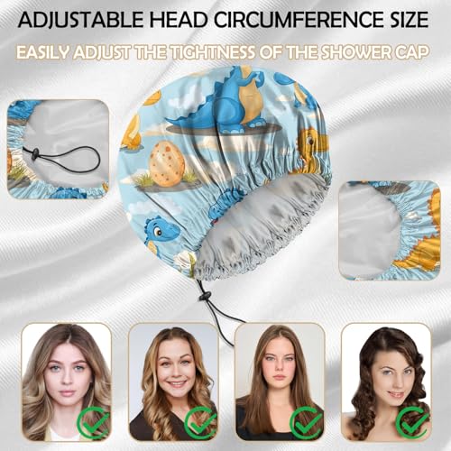 2 PCS Shower Cap Reusable Waterproof Adjustable Double Layer Elastic Dry Hair Bathing Caps Aesthetic Cute for Women Girls-Dinosaur Blue - color: H-14-Dinosaur Blue