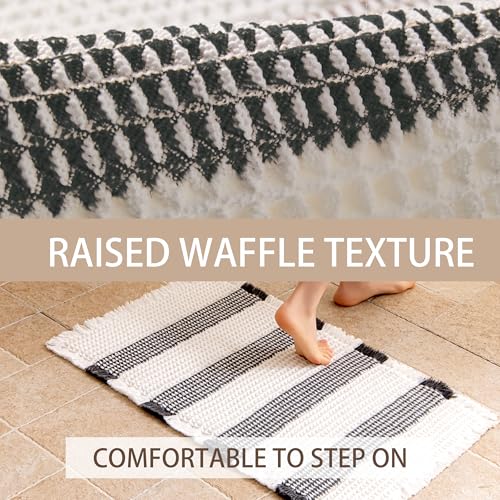 Waffle Bath Mat Non Slip, Boho Bathroom Rug, Super Absorbent Quick Dry Bathroom Mat, Soft Farmhouse Bath Rug with Tassels, Small Washable Shower Mats for Floor 20"x32", White and Black - color: Black and White, size: 1'8" x 2'8" (Rectangular)