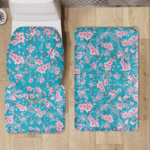 Cherry Blossom Bathroom Rug Set, Bath Rug +Bathroom Rug + Toilet Seat Cover, Super Soft Microfiber Water Absorbent & Non-Slip Bathroom Rugs with PVC Point Rubber Backing, Machine Washable - color: Cherry Blossom2