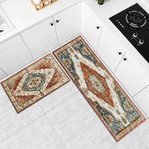 Boho Geometric Kitchen Runner Rug 2 PCS Vintage Pattern Kitchen Floor Mats Non Slip 17"x47"+17"x30", Distressed Texture Washable Rugs for Hallway Laundry Sink Decoration - color: Boho Geometric