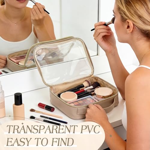 Abbylike 6 Pcs Clear Makeup Bags Bulk 7.9 x 5.9 x 2.4 Inches Quart Size Approved PU Leather Toiletry Bag with Handles Small PVC Clear Travel Cosmetic Case for Women Wedding Bridal Gifts(Kahaki) - color: Kahaki
