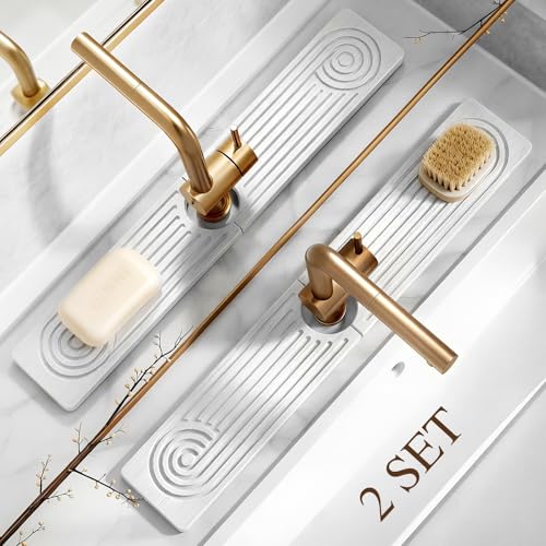 2 Pack Stone Faucet Mat for Kitchen Sink, Absorbing Drying Stone Mat Prevent Moisture, Sink Splash Guard Water,Natural Diatomite Stone Tray for Bathroom Counter 23.6*3.9inch (White+White) - color: White+White