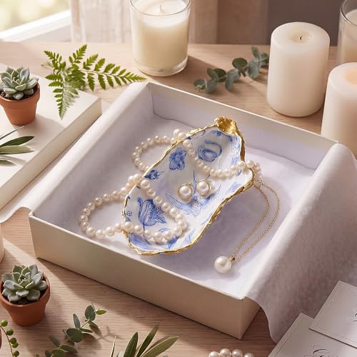 Natural Oyster Ring Trinket Dish Vintage Jewelry Tray for Keys Small Jewelry Holder for Bridal Shower Favors Friends Sisters Daughter Mother Gift Seaside Decor(Blue Willow) - style: Blue Willow