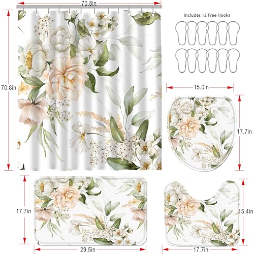 16 pcs Premium Floral Bathroom Set with Rugs and Shower Curtains,Flower high Absorbent Non-Slip Bath Mat and Shower Curtain Sets,Heavy-Weight 120gsm Bathroom Curtain with 12pcs Metal Hooks - color: Flower a