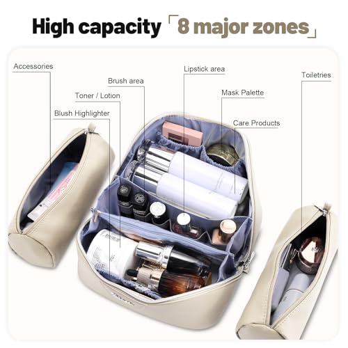 BOYATU Travel Makeup Bag Cosmetic Bags for Women: Large Capacity 3 Pcs Set Make up Bag with Compartments - Waterproof Vegan Leather Toiletry Organizer Bags with Handle (L27Off-white) - color: L27Off-white