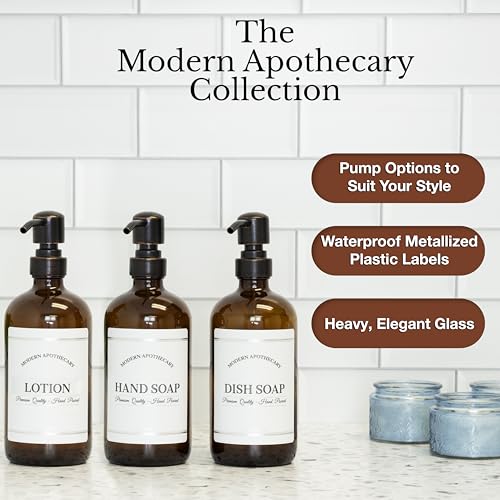 Amber Refillable Hand, Dish, Lotion Dispenser Set with Pumps for Kitchen Sink - Glass Boston Round Bottles - Waterproof Labels - 16 oz - 3 Pack - color: Oil Rubbed Bronze