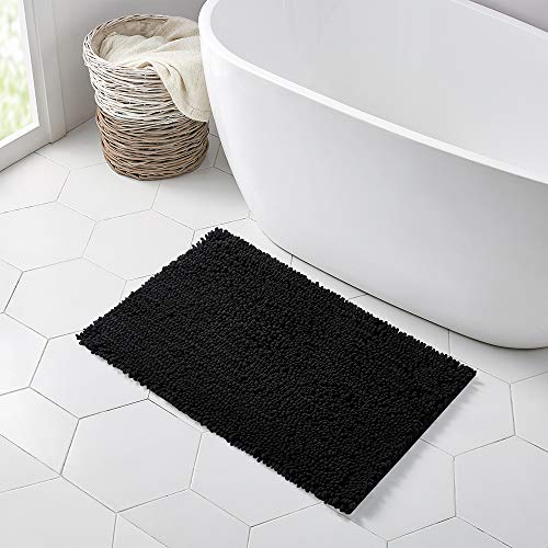 Walensee Bathroom Rug Non Slip Bath Mat (32x20 Inch Black) Water Absorbent Super Soft Shaggy Chenille Machine Washable Dry Extra Thick Perfect Absorbant Best Large Plush Carpet for Shower Floor - color: Black, size: 32"x20"