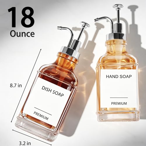 Dish Soap Dispenser for Kitchen, Hand Glass Soap Dispenser Set with Pump, Funnel for Bathroom, Shower, Laundry, Liquid, Lotion (Silver 2 Pack 18 Oz Clear Bottles with 12 Stickers) - color: Silver Square, size: 18Oz