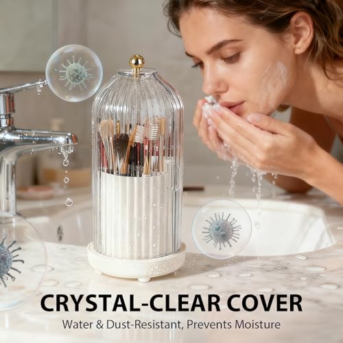 3-Slot Rotating Toothbrush Holders with Lid, Enclosed Toothbrush Holders for Bathrooms, Countertop Plastic Toothpaste Holder with Cover, Makeup Brush Holder for Vanity, Utensil Storage(White)