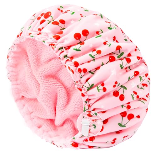 Shower Cap for Women Terry Lined Bath Cap Large Reusable Waterproof Elastic Band Pink Shower Caps for Long Thick Hair Soft Bath Shower Hair Caps - color: Pink Cherries