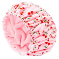 Shower Cap for Women Terry Lined Bath Cap Large Reusable Waterproof Elastic Band Pink Shower Caps for Long Thick Hair Soft Bath Shower Hair Caps - color: Pink Cherries