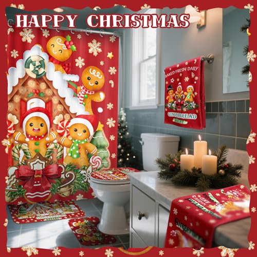 FuWeave 8 Pcs Christmas Shower Curtain Set Xmas Santa Bathroom Decoration Christmas Tree Hand Towels Snowman Toilet Lid Cover Bathroom Rugs Xmas Shower Curtain with Hooks(Gingerbread Man) - color: Gingerbread Man