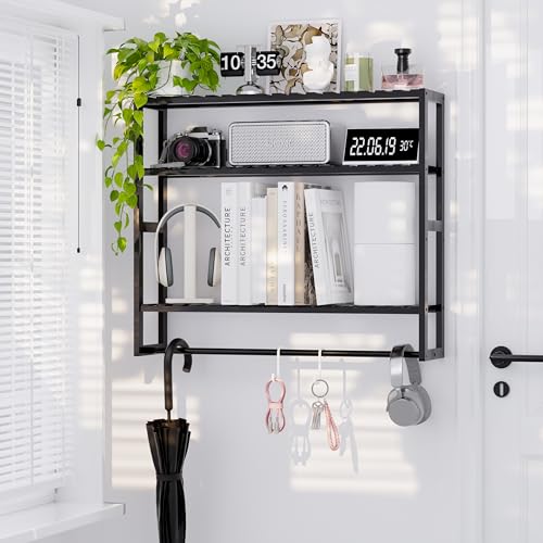 PPN Extra Large Towel Rack Bathroom Storage Shelves Over The Toilet with Towel Bar 100% Bamboo Adjustable Height Floating Shelf Wall Shower Shelf for Small Space Bathroom Kitchen Multi Usage - color: Black Extra Large