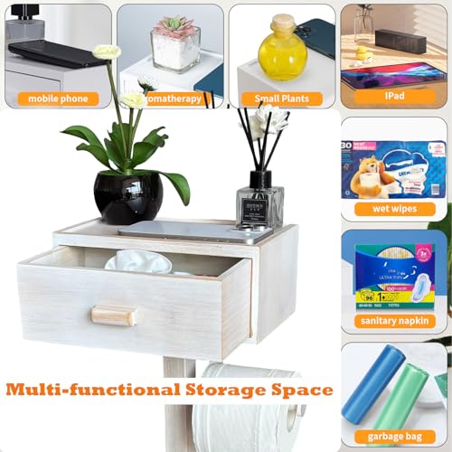 Freestanding Bathroom Toilet Paper Holder Stand with Shelf, Bamboo Toilet Paper Roll Holder with Wet Wipes Storage Drawer(Vintage White) - color: White