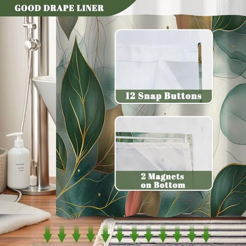 Abstract Botanical Shower Curtain with Snap in Liner - Boho Green Leaf Art Print Bathroom Shower Curtain No Hooks, Waterproof Double Layer Bath Curtain with Mesh Top Window, 71″W x 74″L - color: Cyan Leaves