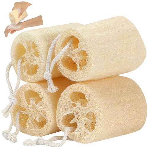 4-Pack Natural Loofah Sponges for Exfoliating Body Scrub, Plant-Based Bath Sponges for Men & Women, Eco-Friendly Back & Face Scrubber, Reusable Shower Loofah