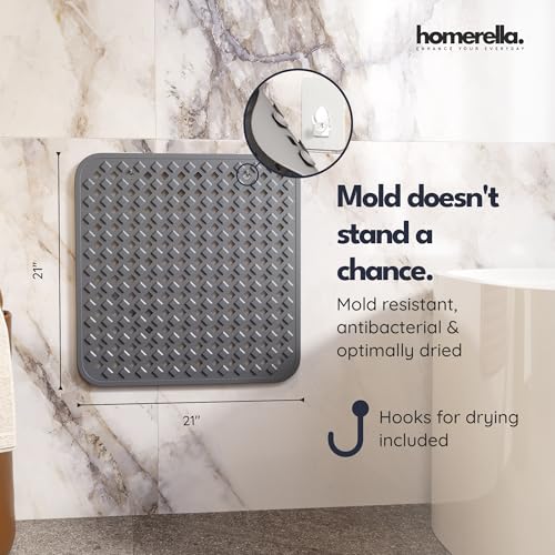 homerella® Shower Mat Non Slip Anti Mold, Non Slip Shower Mats for Inside Shower Stall Anti Slip Mat, Square Shower Floor Mat 21 x 21 in with Suction Cups & Hooks for Quick Drying, Machine Washable - color: Dark Grey