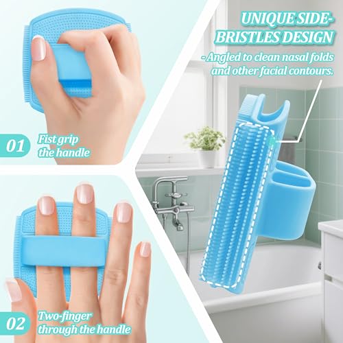 Silicone Bath Glove & Face Scrubber Set 2PCS, 360° Anti-Slip & Hand-fit Body Scrubber for Rich Foaming Deep Cleaning, Unique Facial Scrubber with Side-bristles for Contoured Areas.(Blue) - color: Blue Set