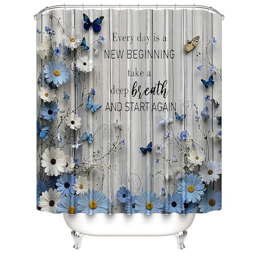 AZHM Blue Daisy Flower Shower Curtain Set 4pcs Rustic Daisy Floral Bathroom Set with Butterfly Accents with Inspirational Quotes Shower Curtain and Rugs - color: White Blue
