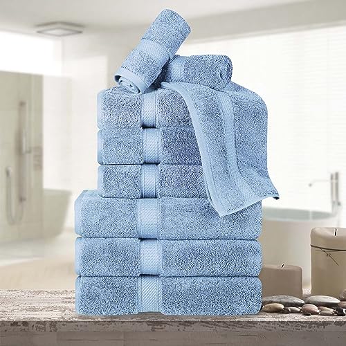 BNM Madeline Egyptian Cotton Heavyweight Towels, Ideal for Shower, Spa, Hotel, 800 GSM, Face/Washcloths, Hand Towels, Bath Towels, Highly-Absorbent, Luxury , 9 Piece Towel Set, Light Blue - color: Light Blue, size: 9-Piece Towel Set