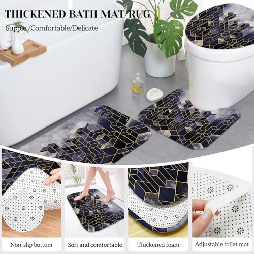 Lnond Blue Bathroom Set, Blue Abstract Cubes Bathroom Accessories Sets Complete, Luxury Restroom Set with Shower Curtain and Rugs, Trash Can, Toilet Brush Holder Set & Soap Dispenser - style: Blue